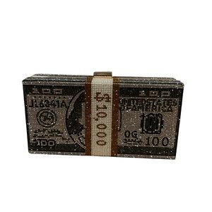 BRAND NEW! Blinged Out Ice Crystal Money Stack Clutch Handbag. BOSS LADY Accents